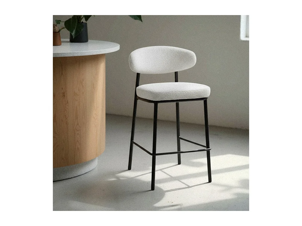 Rode - Lot de 2 chaises de bar en tissu bouclette, bois et métal H65cm - Écru chiné