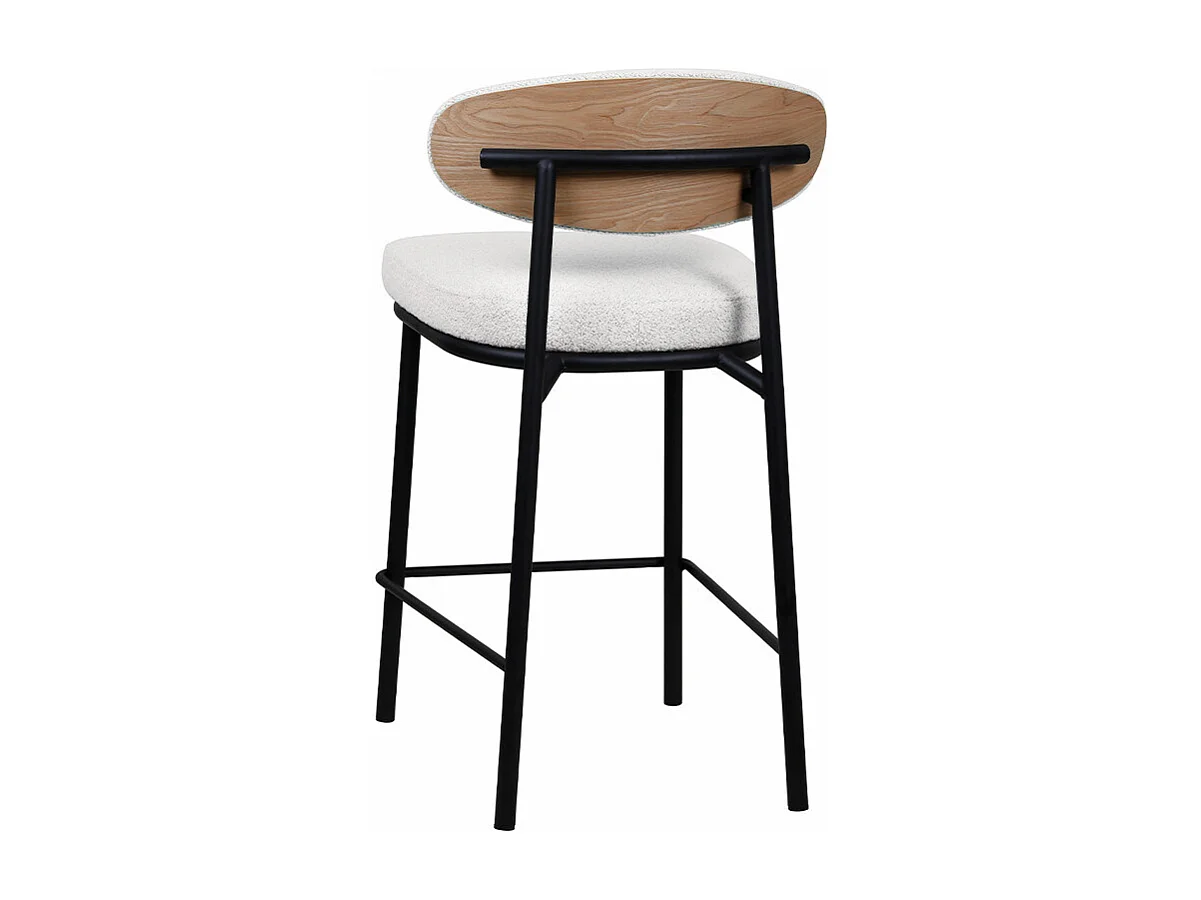 Rode - Lot de 2 chaises de bar en tissu bouclette, bois et métal H65cm - Écru chiné