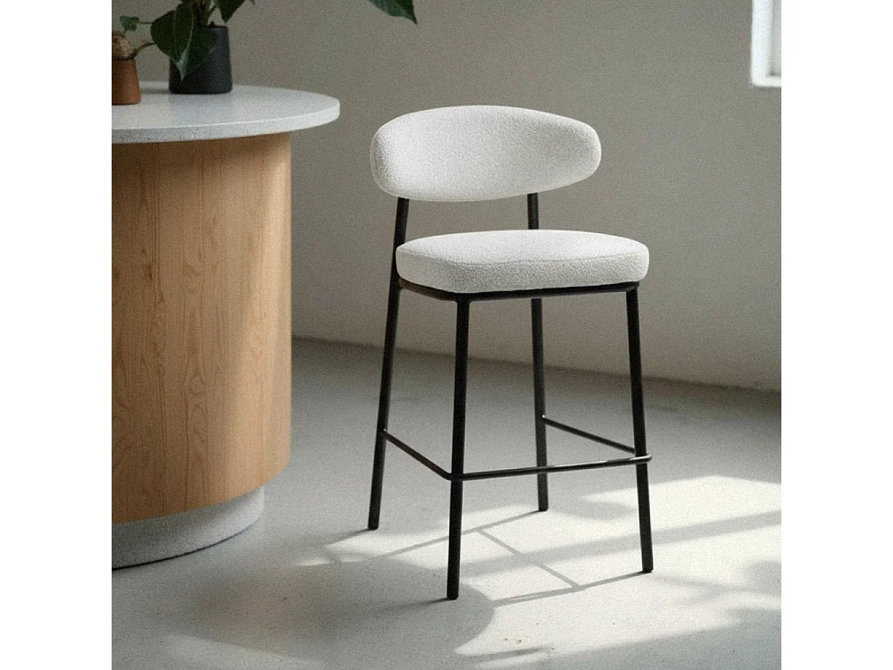 Rode - Lot de 2 chaises de bar en tissu bouclette, bois et métal H65cm - Écru chiné