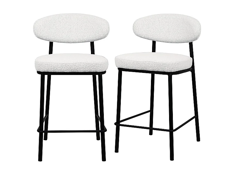 Rode - Lot de 2 chaises de bar en tissu bouclette, bois et métal H65cm - Écru chiné