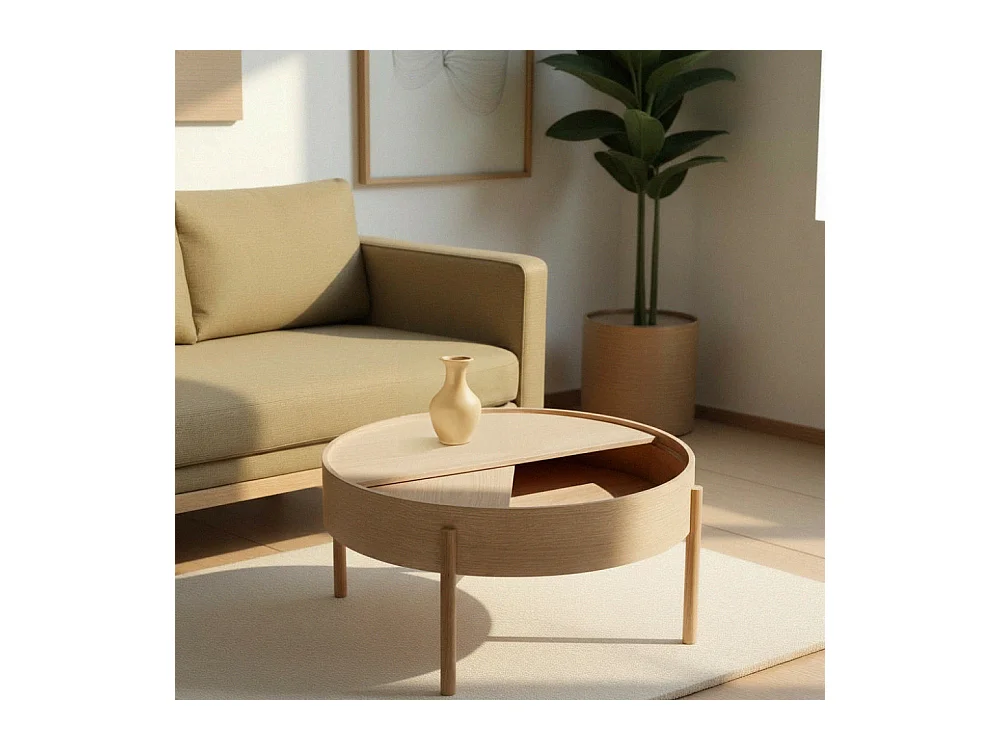 Gisele - Table basse ronde avec rangement en bois ø80cm - Bois clair