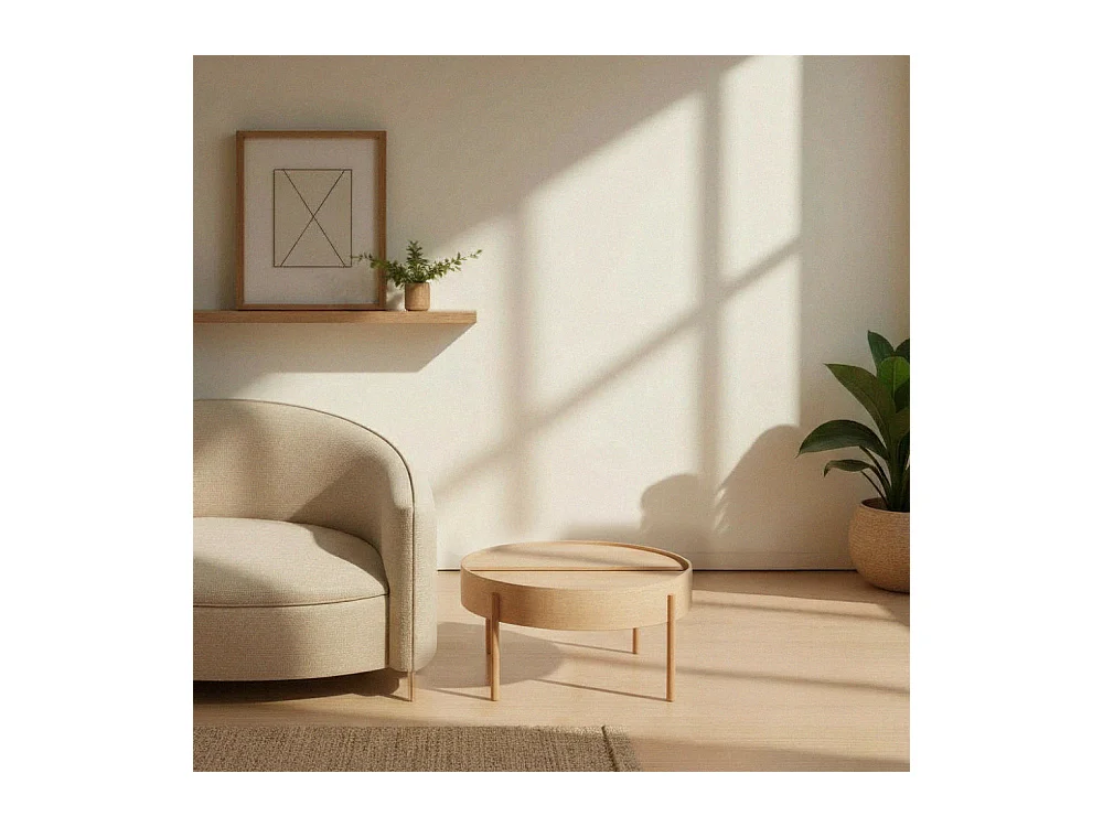 Gisele - Table basse ronde avec rangement en bois ø80cm - Bois clair