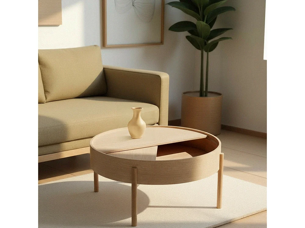 Gisele - Table basse ronde avec rangement en bois ø80cm - Bois clair