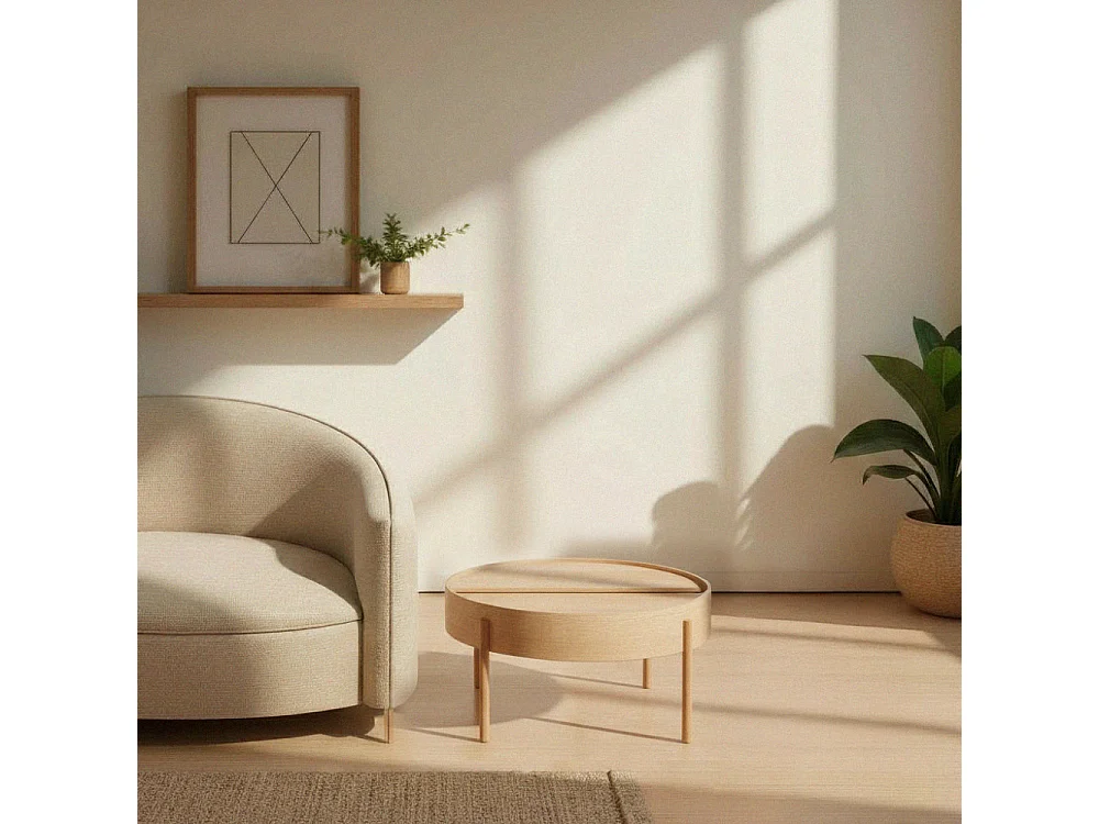 Gisele - Table basse ronde avec rangement en bois ø80cm - Bois clair