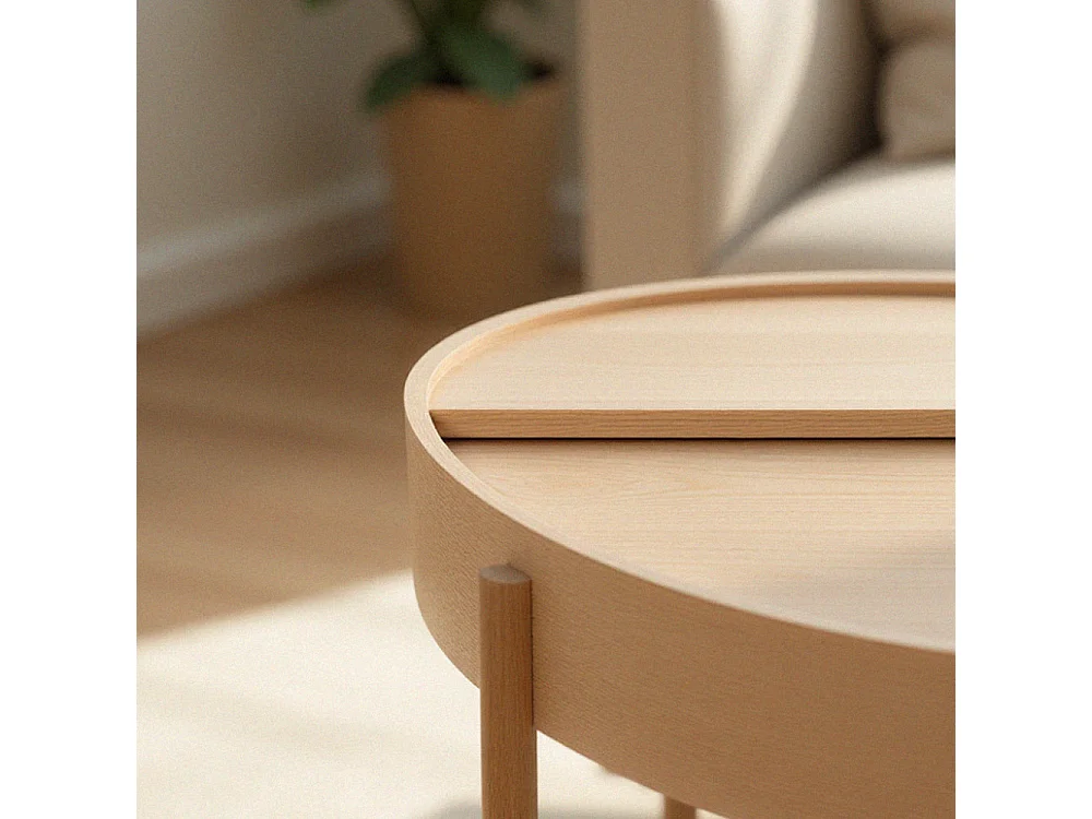 Gisele - Table basse ronde avec rangement en bois ø80cm - Bois clair