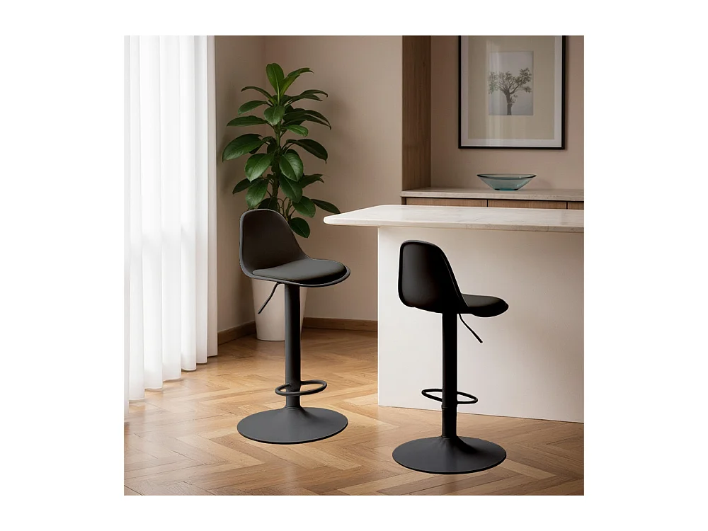 Tebar - Lot de 2 chaises de bar réglables en simili et métal H61-83cm - Noir