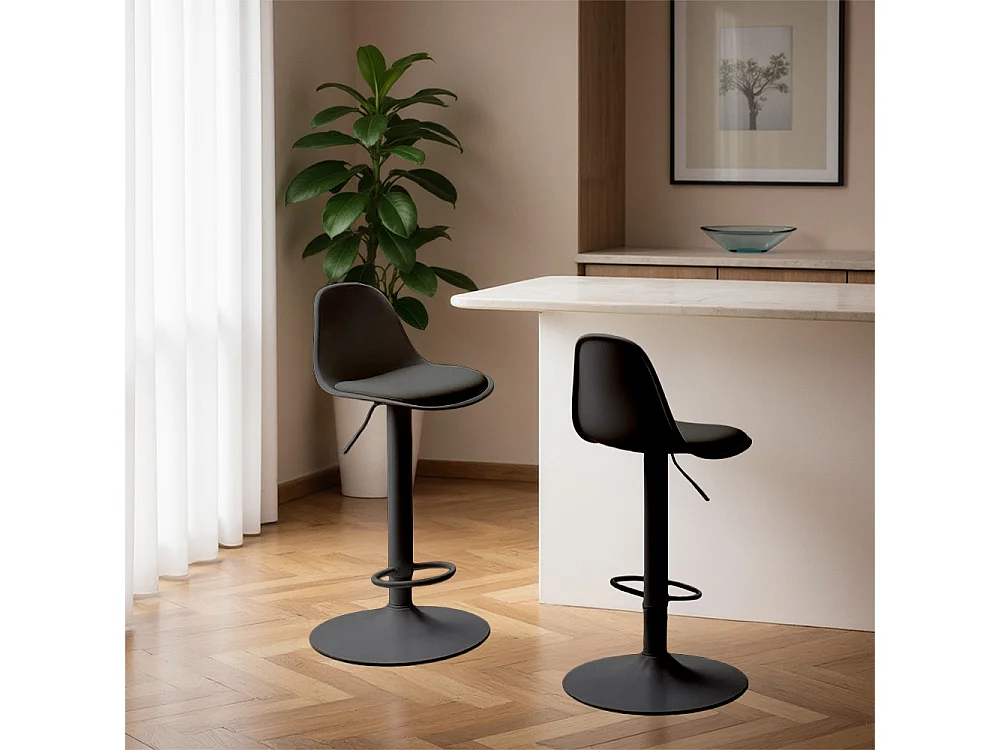 Tebar - Lot de 2 chaises de bar réglables en simili et métal H61-83cm - Noir