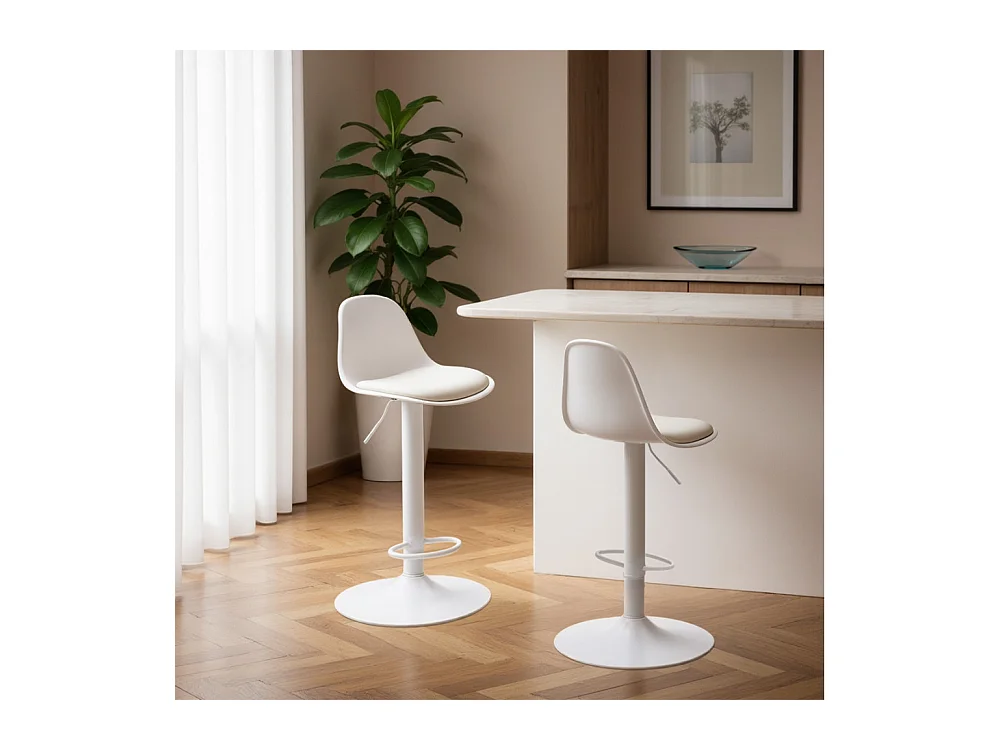 Tebar - Lot de 2 chaises de bar réglables en simili et métal H61-83cm - Blanc