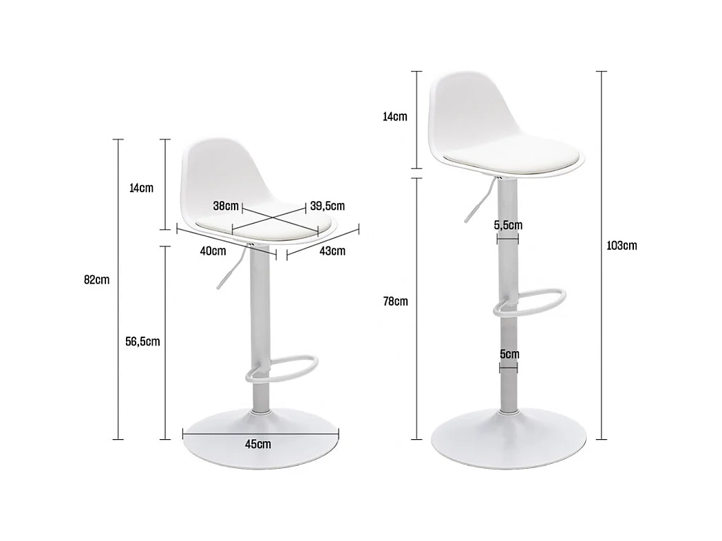 Tebar - Lot de 2 chaises de bar réglables en simili et métal H61-83cm - Blanc