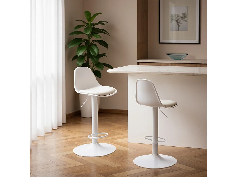 Tebar - Lot de 2 chaises de bar réglables en simili et métal H61-83cm - Blanc