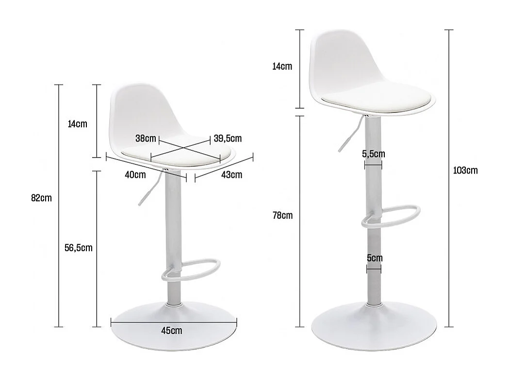 Tebar - Lot de 2 chaises de bar réglables en simili et métal H61-83cm - Blanc