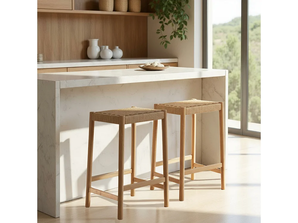Paolo - Tabouret de bar en corde tressée et bois H65cm - Bois clair