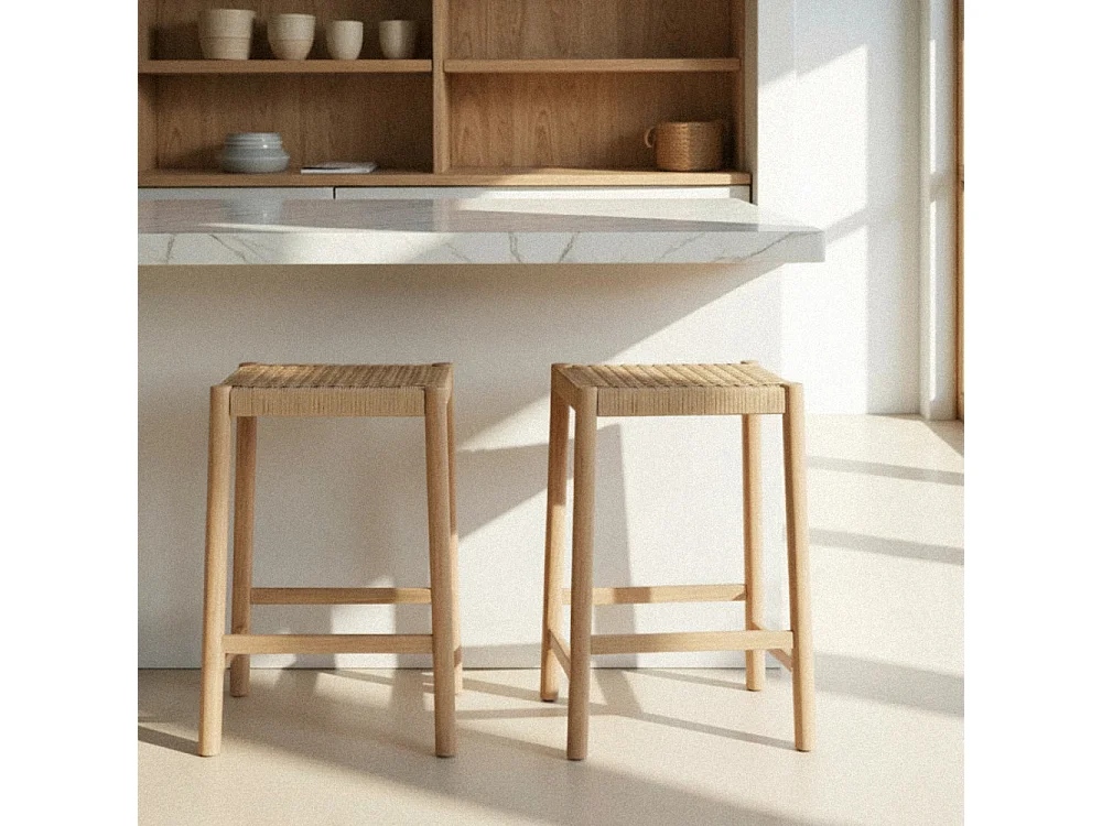 Paolo - Tabouret de bar en corde tressée et bois H65cm - Bois clair