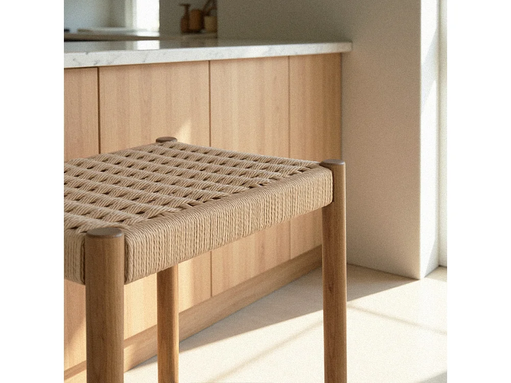 Paolo - Tabouret de bar en corde tressée et bois H65cm - Bois clair