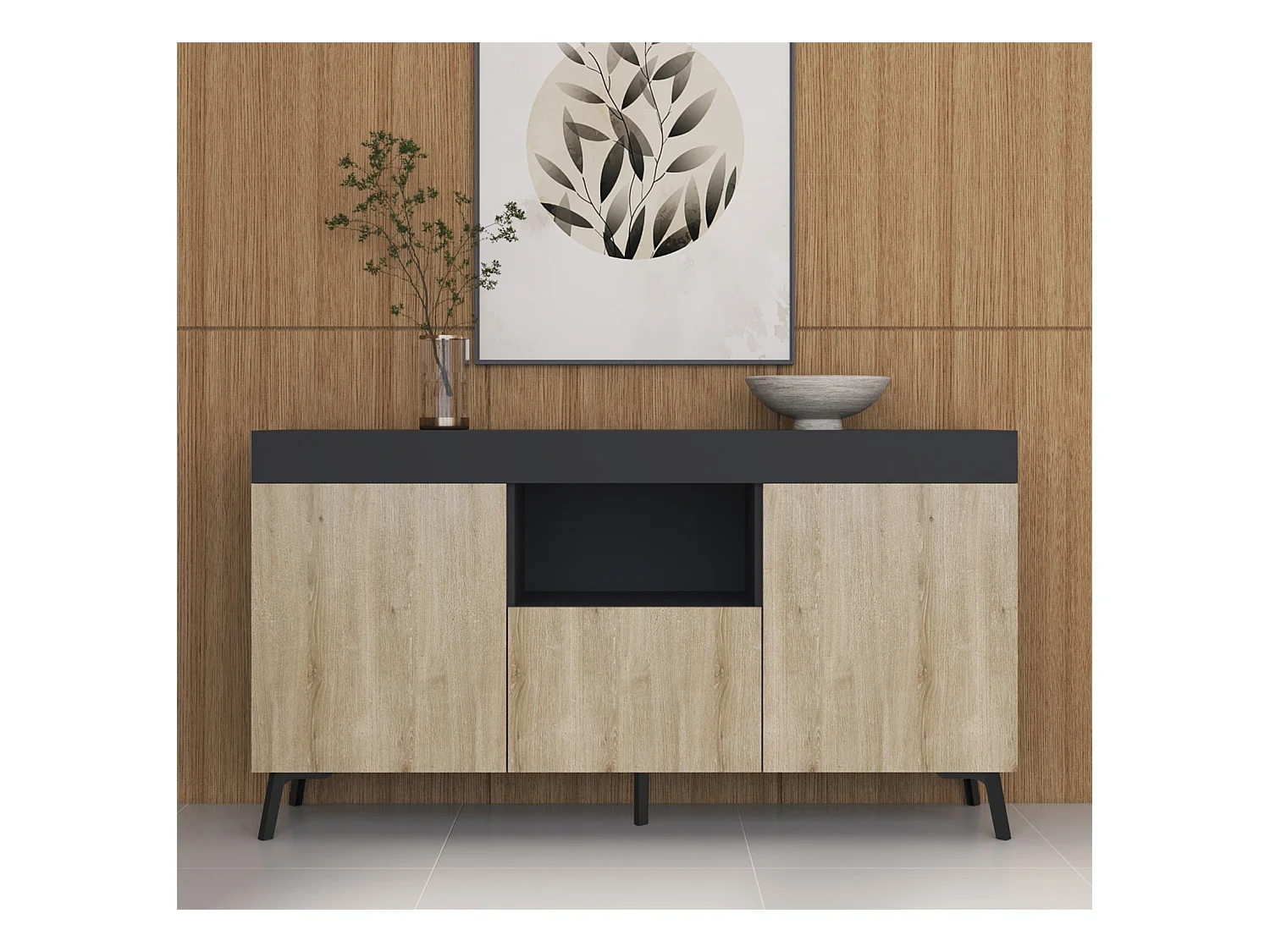 Bahut Buffet pour Salon Salle à manger en Noir et Sonoma 130x32,5x70cm Kai