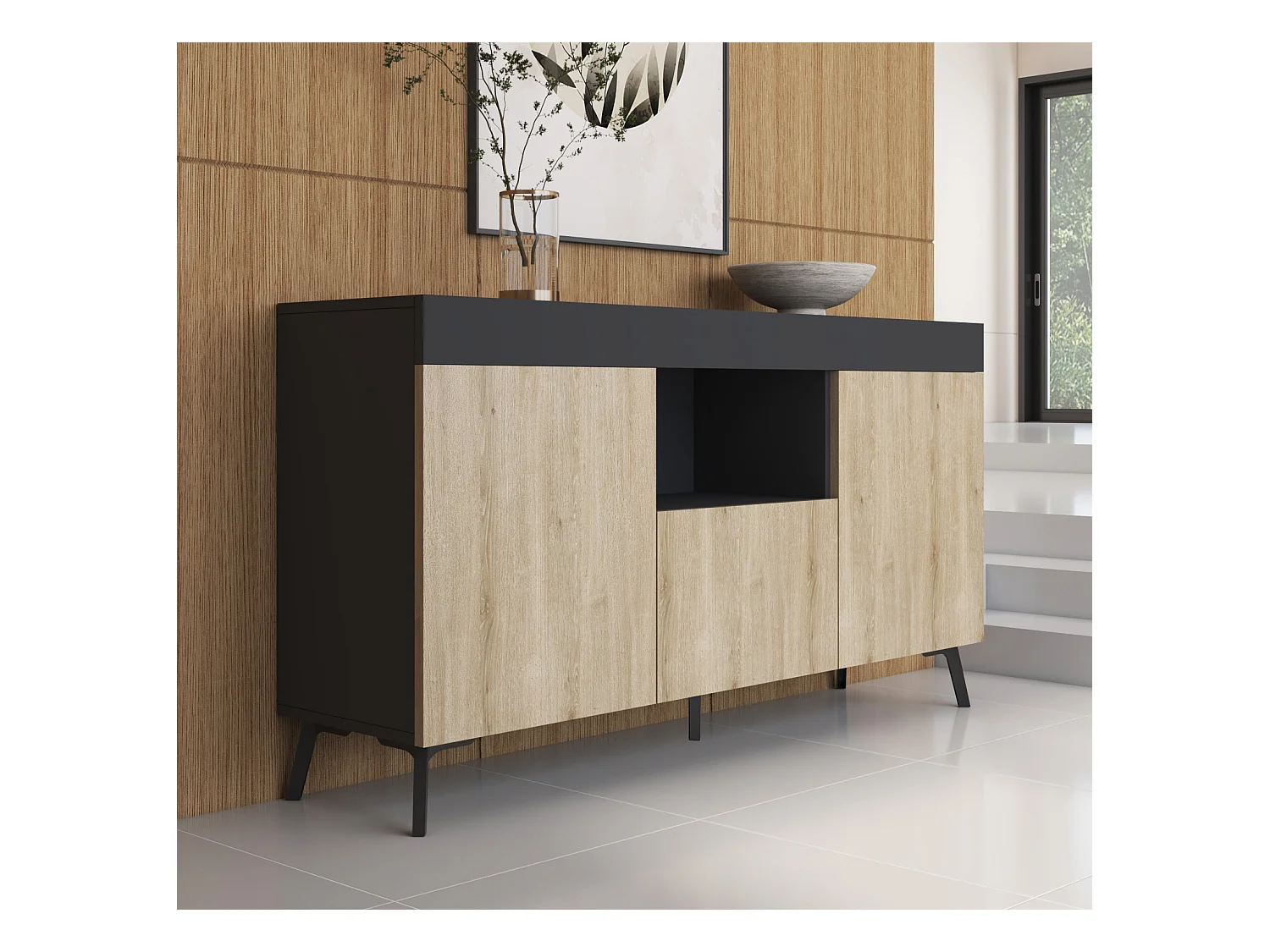 Bahut Buffet pour Salon Salle à manger en Noir et Sonoma 130x32,5x70cm Kai