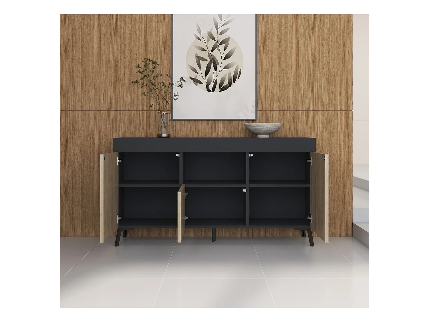 Bahut Buffet pour Salon Salle à manger en Noir et Sonoma 130x32,5x70cm Kai