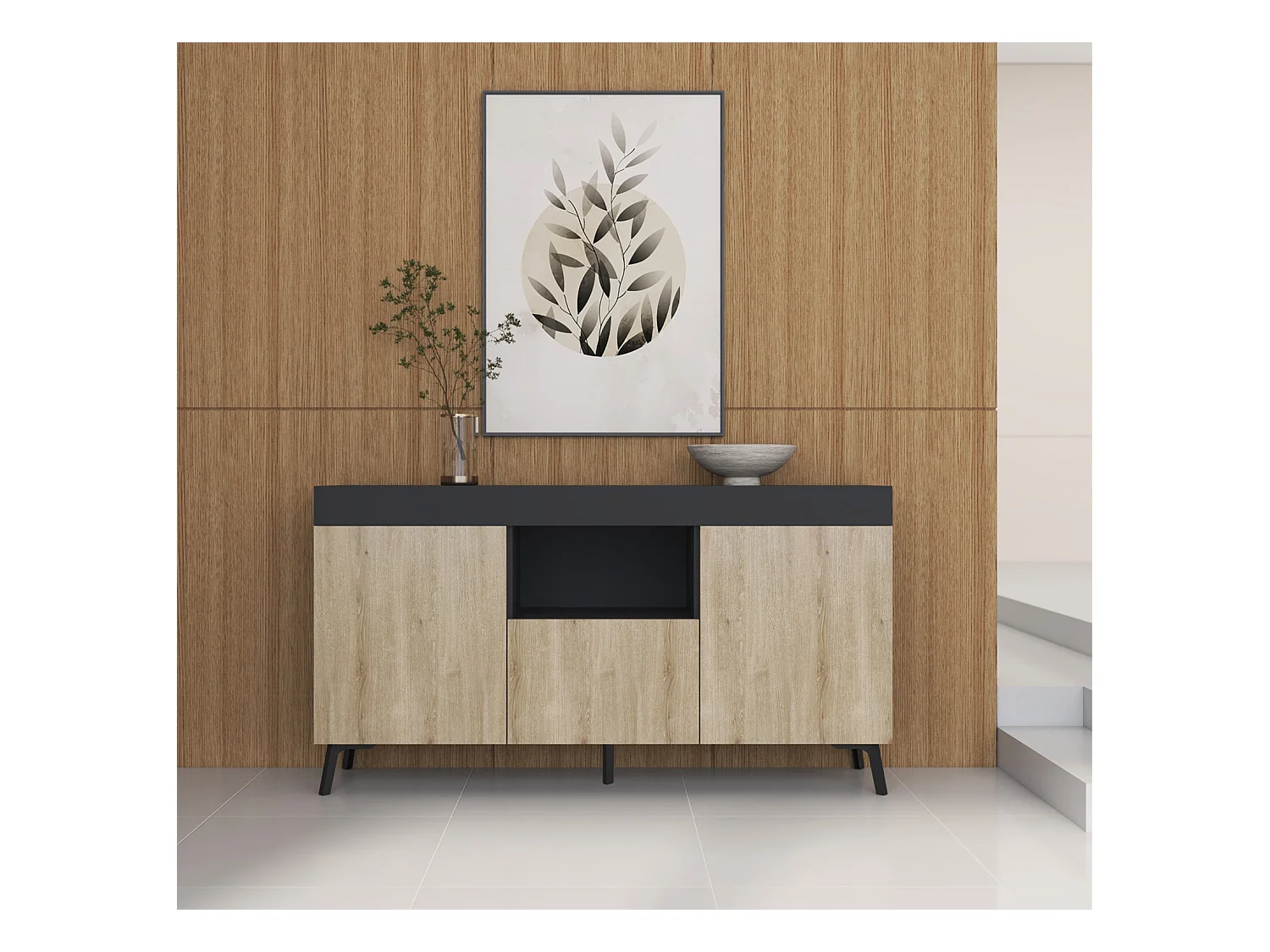 Bahut Buffet pour Salon Salle à manger en Noir et Sonoma 130x32,5x70cm Kai