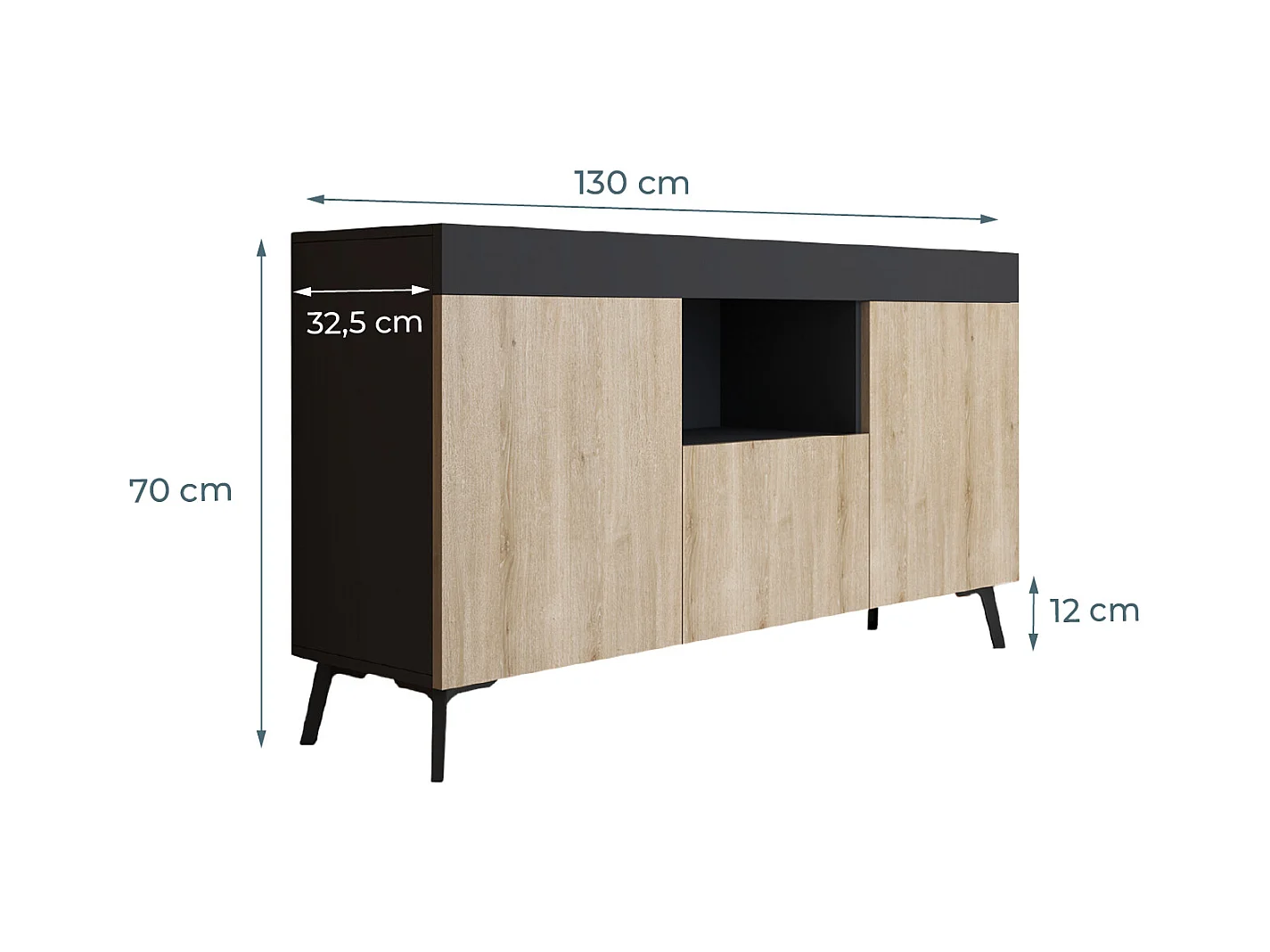 Bahut Buffet pour Salon Salle à manger en Noir et Sonoma 130x32,5x70cm Kai