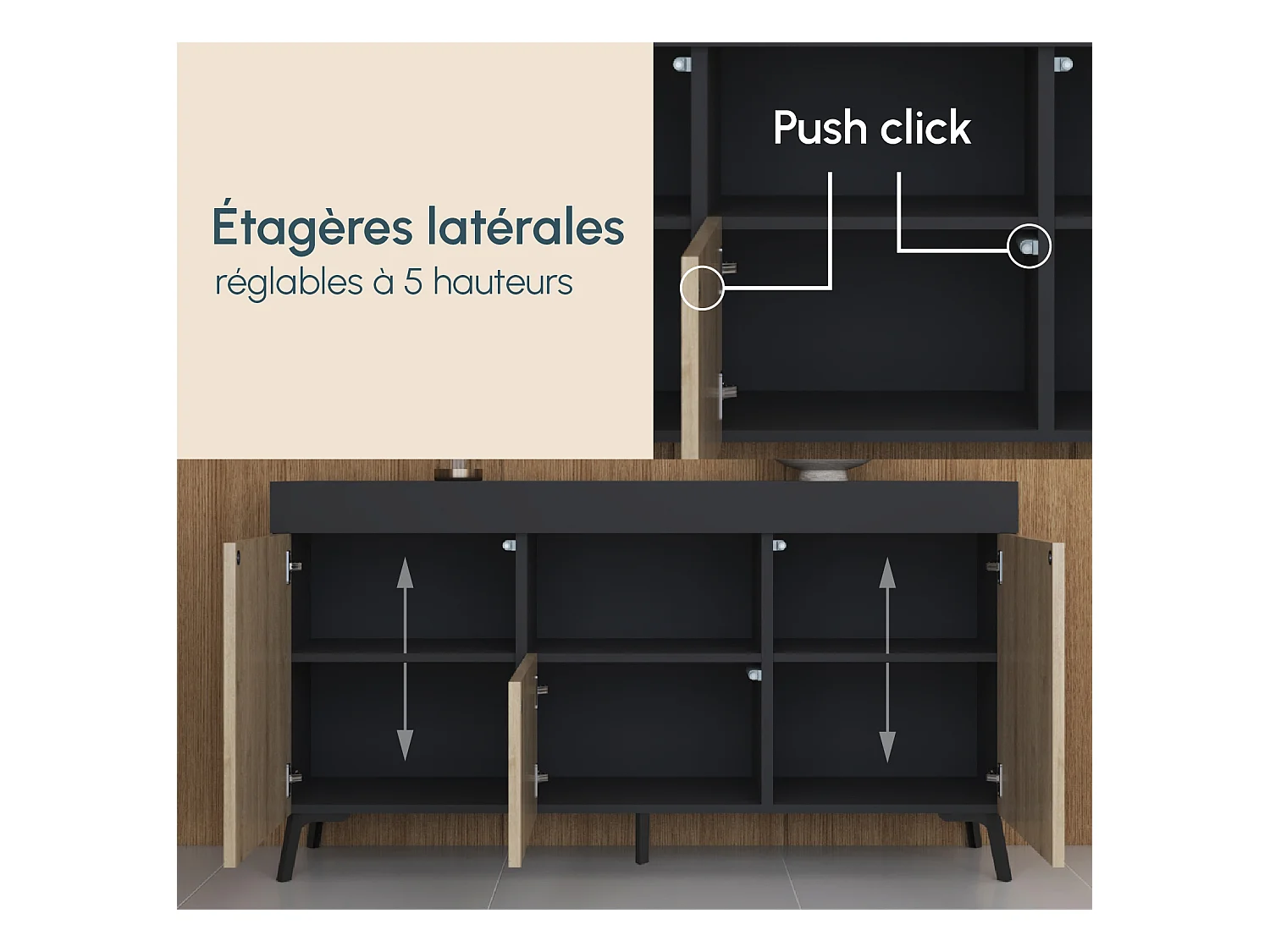 Bahut Buffet pour Salon Salle à manger en Noir et Sonoma 130x32,5x70cm Kai