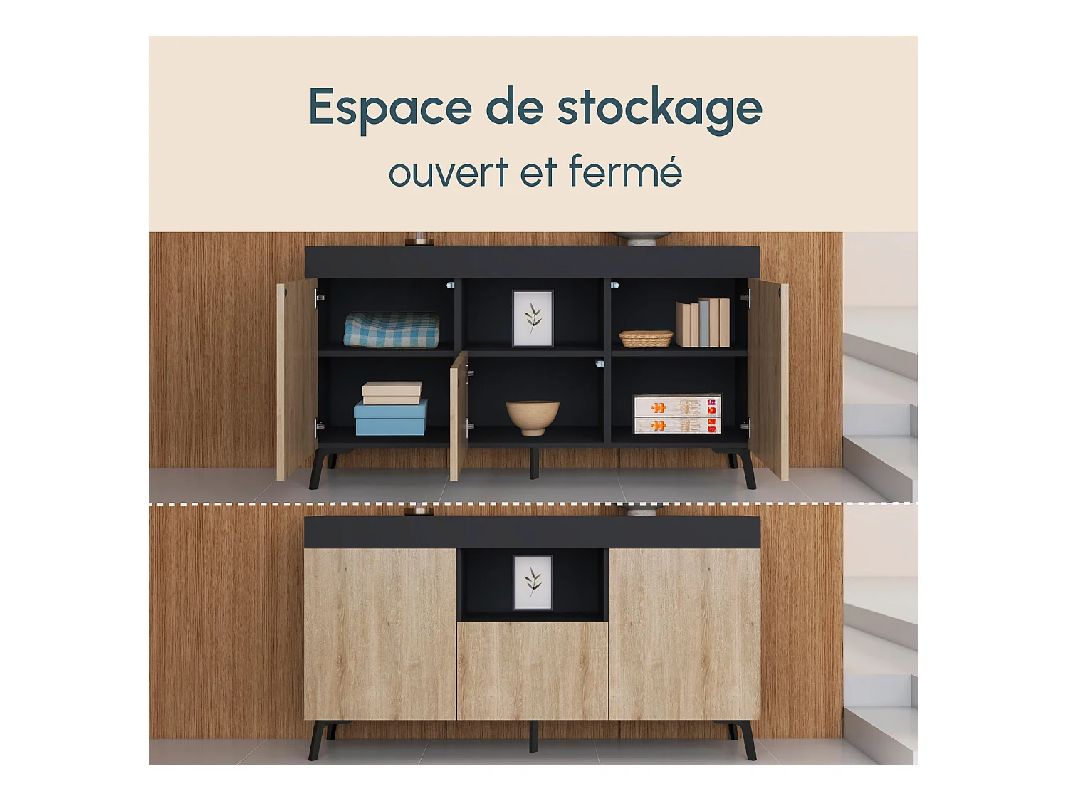 Bahut Buffet pour Salon Salle à manger en Noir et Sonoma 130x32,5x70cm Kai