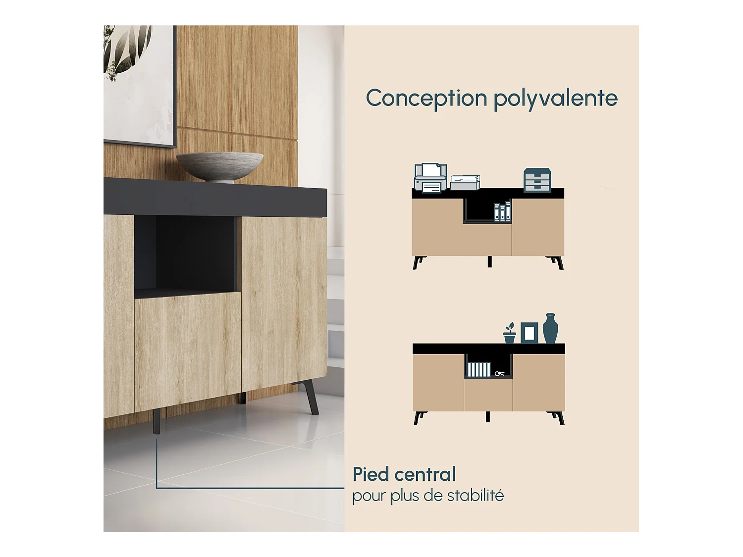 Bahut Buffet pour Salon Salle à manger en Noir et Sonoma 130x32,5x70cm Kai