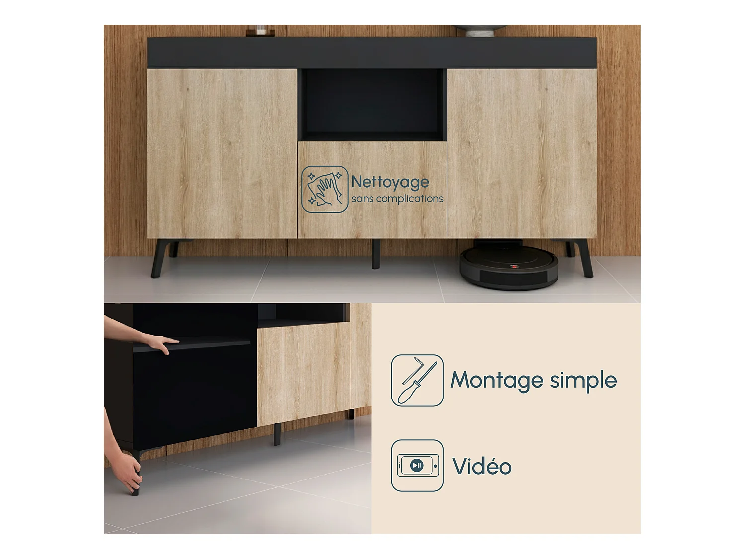 Bahut Buffet pour Salon Salle à manger en Noir et Sonoma 130x32,5x70cm Kai