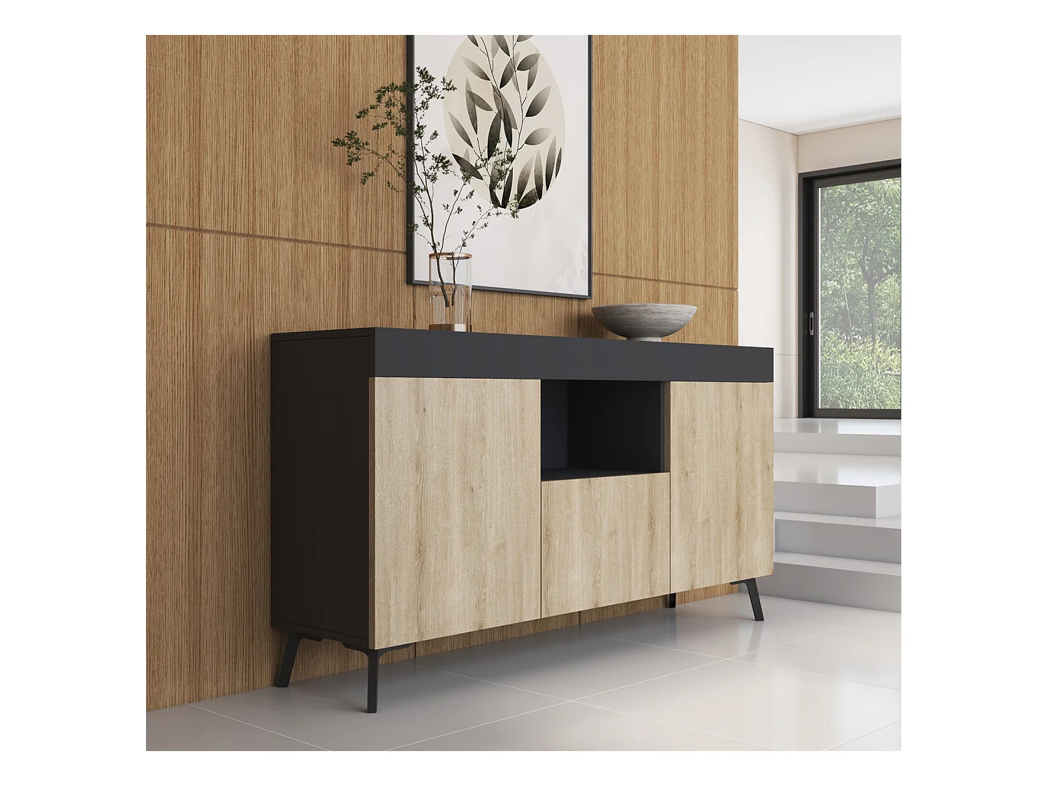 Bahut Buffet pour Salon Salle à manger en Noir et Sonoma 130x32,5x70cm Kai