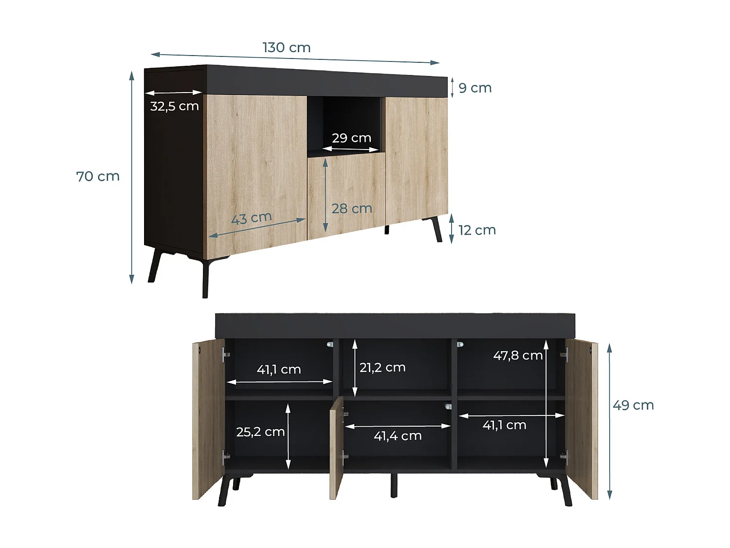 Bahut Buffet pour Salon Salle à manger en Noir et Sonoma 130x32,5x70cm Kai