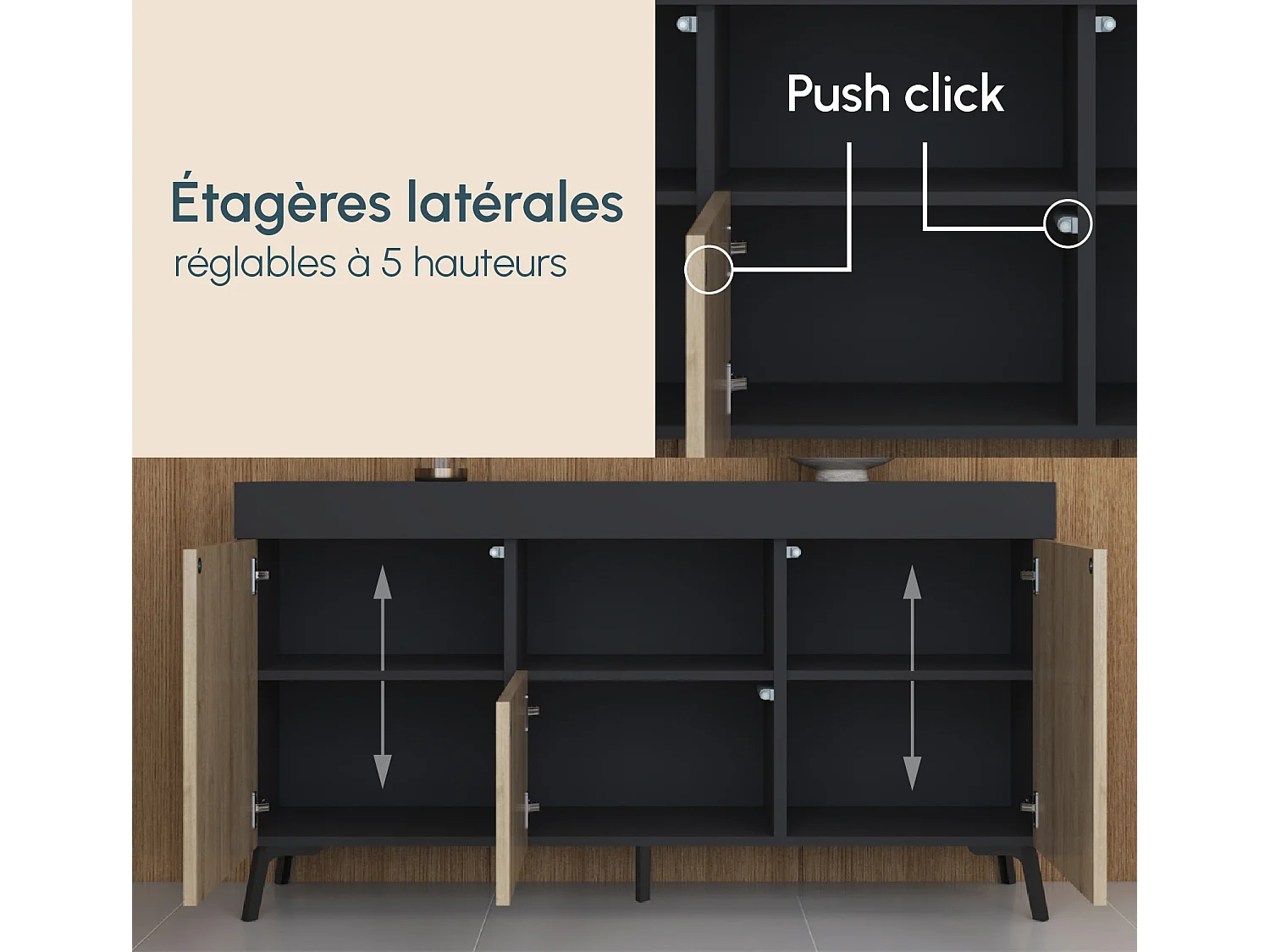 Aparador para Salón comedor en Negro y Sonoma 130x32,5x70cm Kai