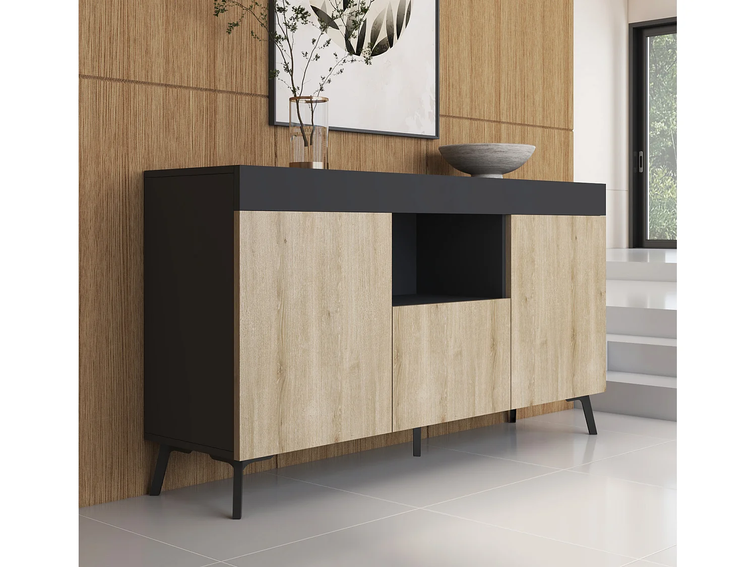 Aparador para Salón comedor en Negro y Sonoma 130x32,5x70cm Kai