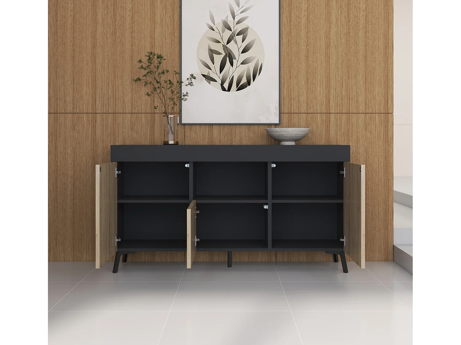 Aparador para Salón comedor en Negro y Sonoma 130x32,5x70cm Kai