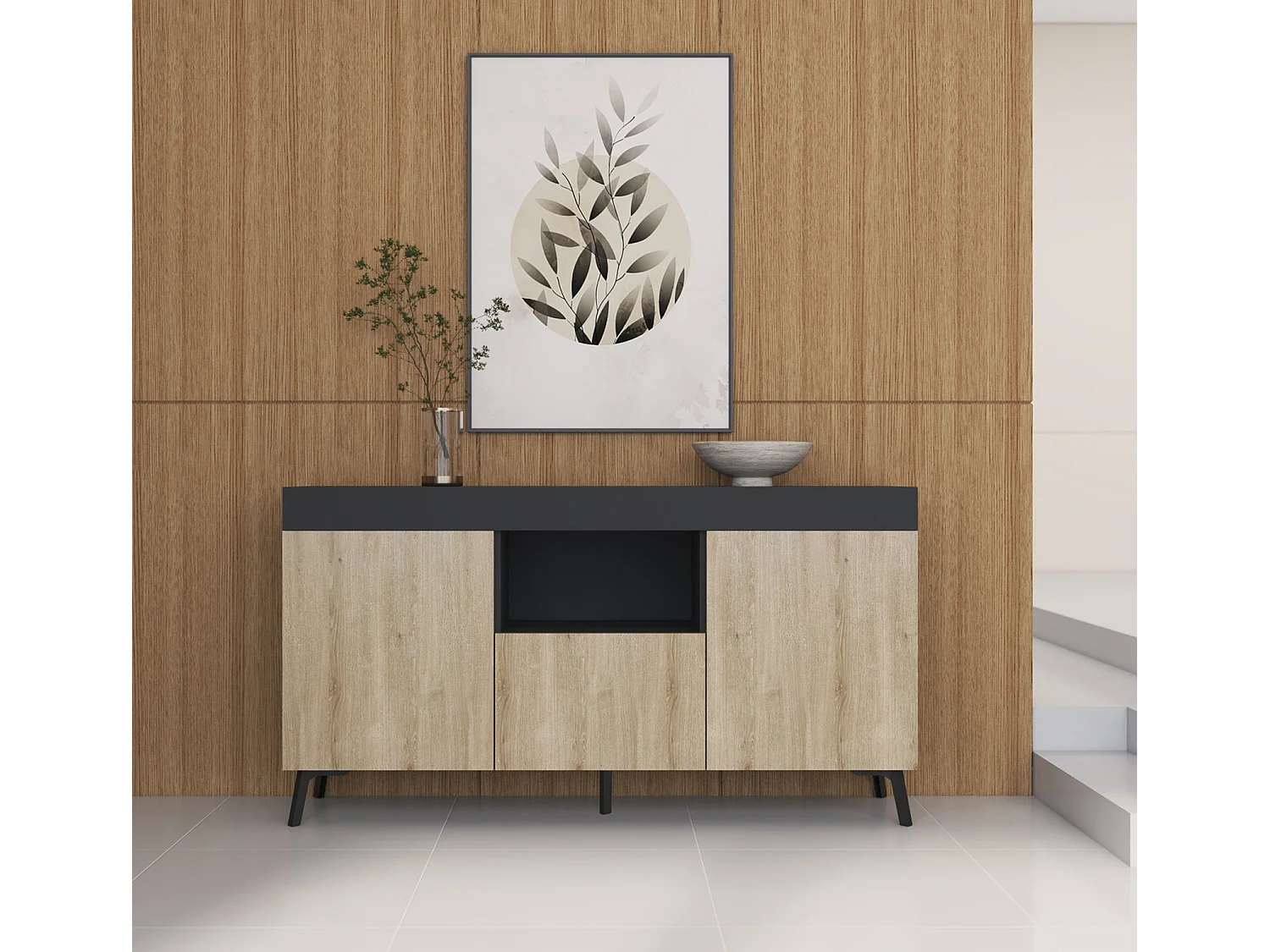 Aparador para Salón comedor en Negro y Sonoma 130x32,5x70cm Kai