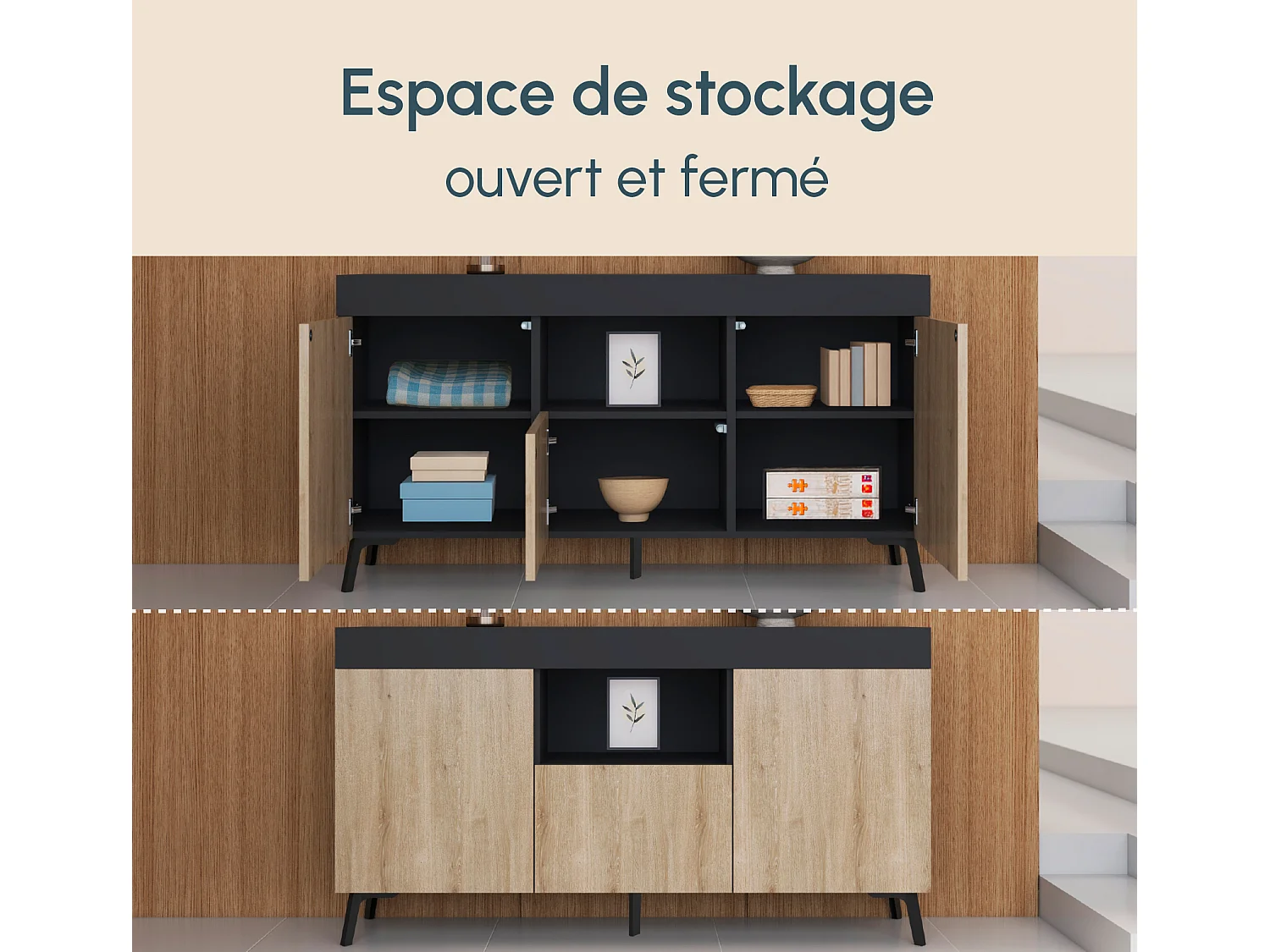 Aparador para Salón comedor en Negro y Sonoma 130x32,5x70cm Kai