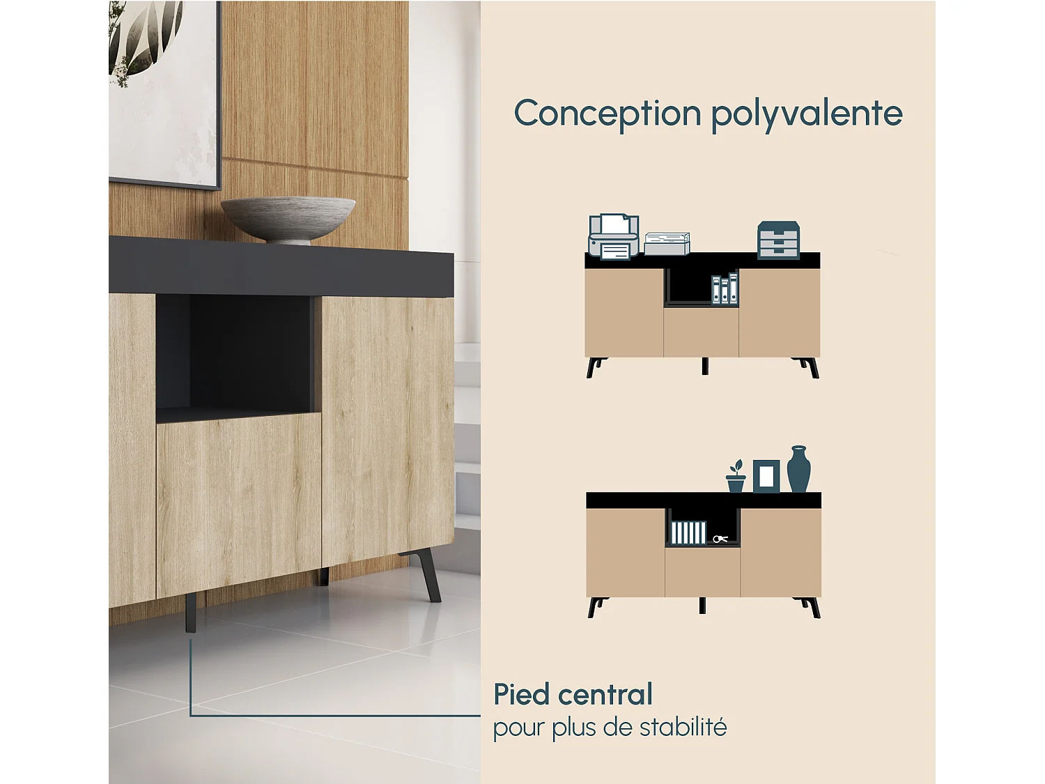 Aparador para Salón comedor en Negro y Sonoma 130x32,5x70cm Kai