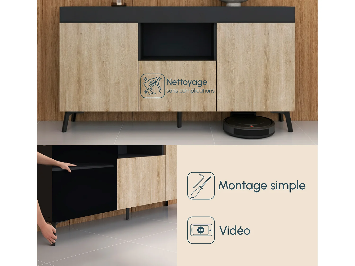 Aparador para Salón comedor en Negro y Sonoma 130x32,5x70cm Kai