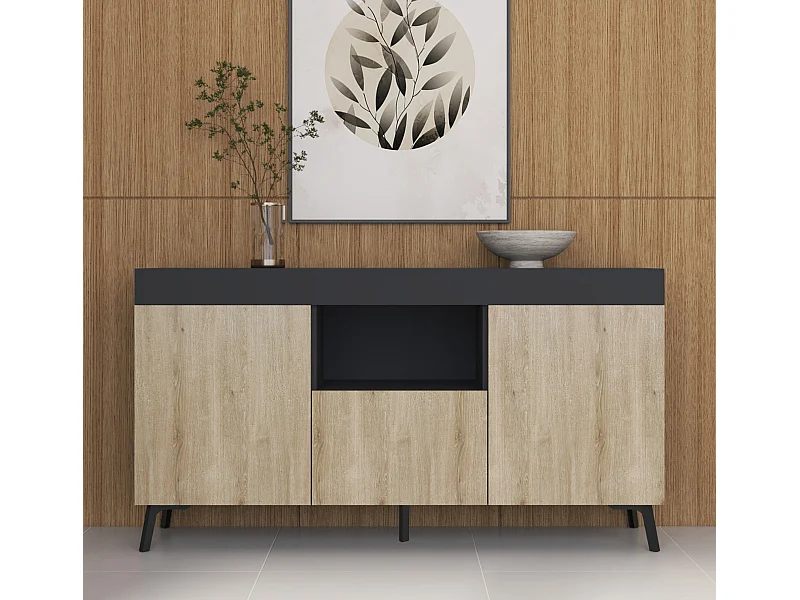 Aparador para Salón comedor en Negro y Sonoma 130x32,5x70cm Kai