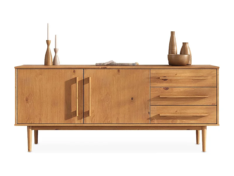 Buffet TECCA L 170 cm 2 Portes 3 Tiroirs en Bois Massif Coloris Chêne avec Étagères Réglables, Deux compartiments