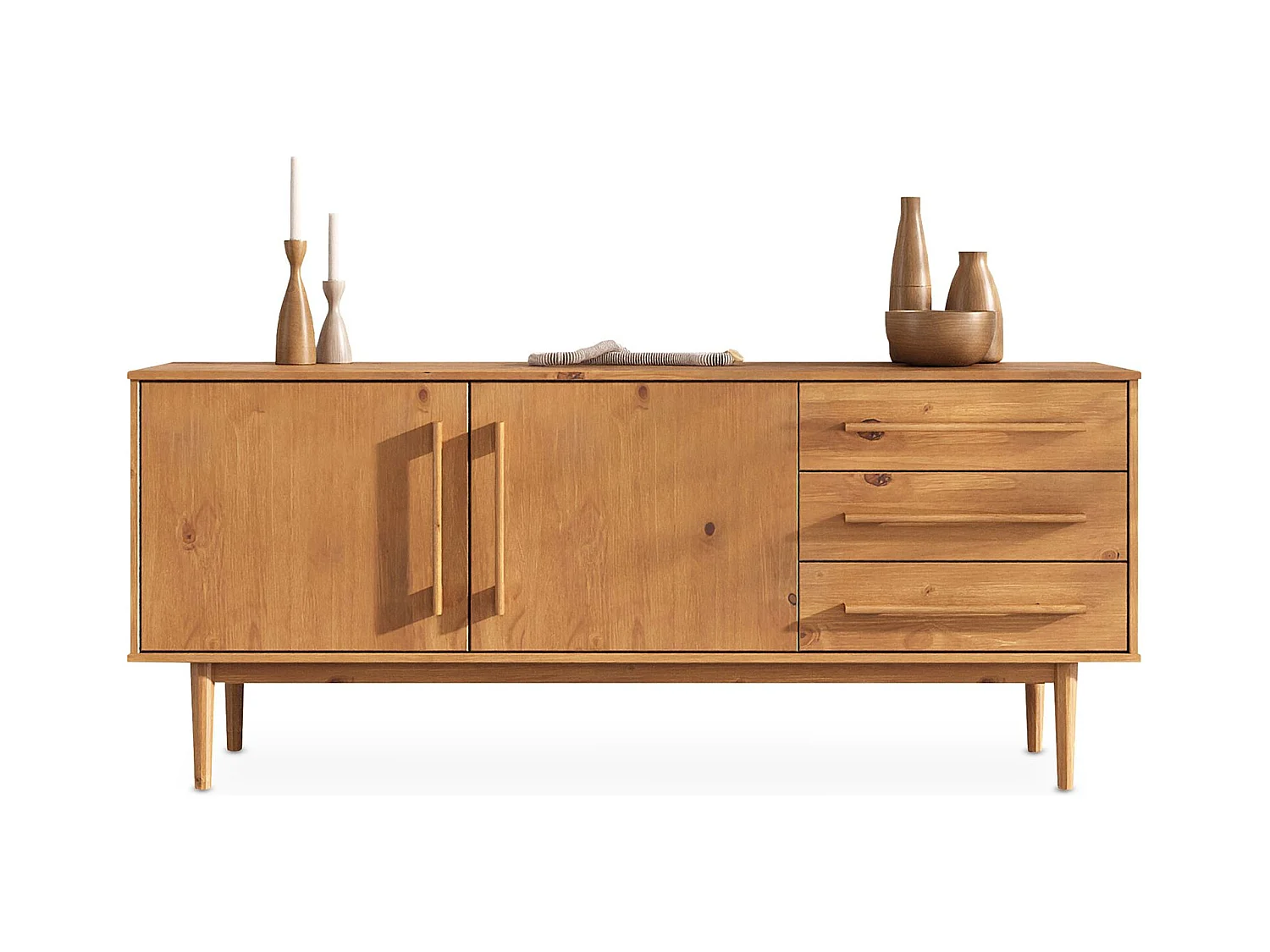 Buffet TECCA L 170 cm 2 Portes 3 Tiroirs en Bois Massif Coloris Chêne avec Étagères Réglables, Deux compartiments