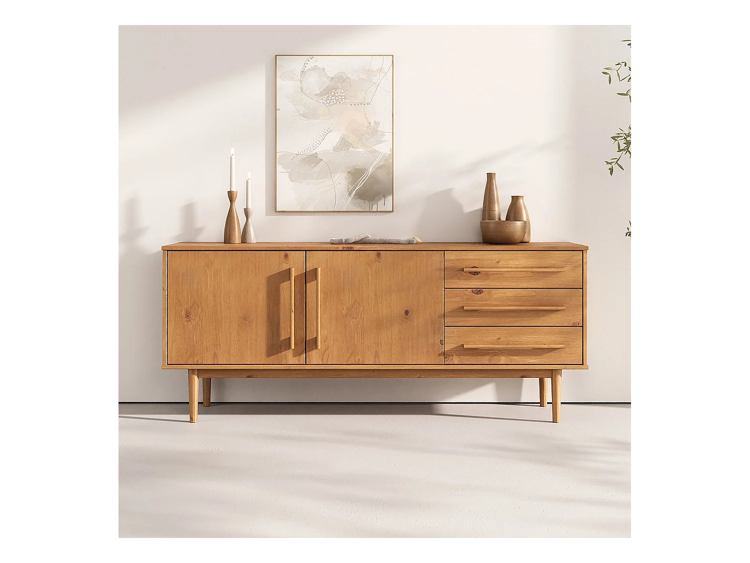 Buffet TECCA L 170 cm 2 Portes 3 Tiroirs en Bois Massif Coloris Chêne avec Étagères Réglables, Deux compartiments