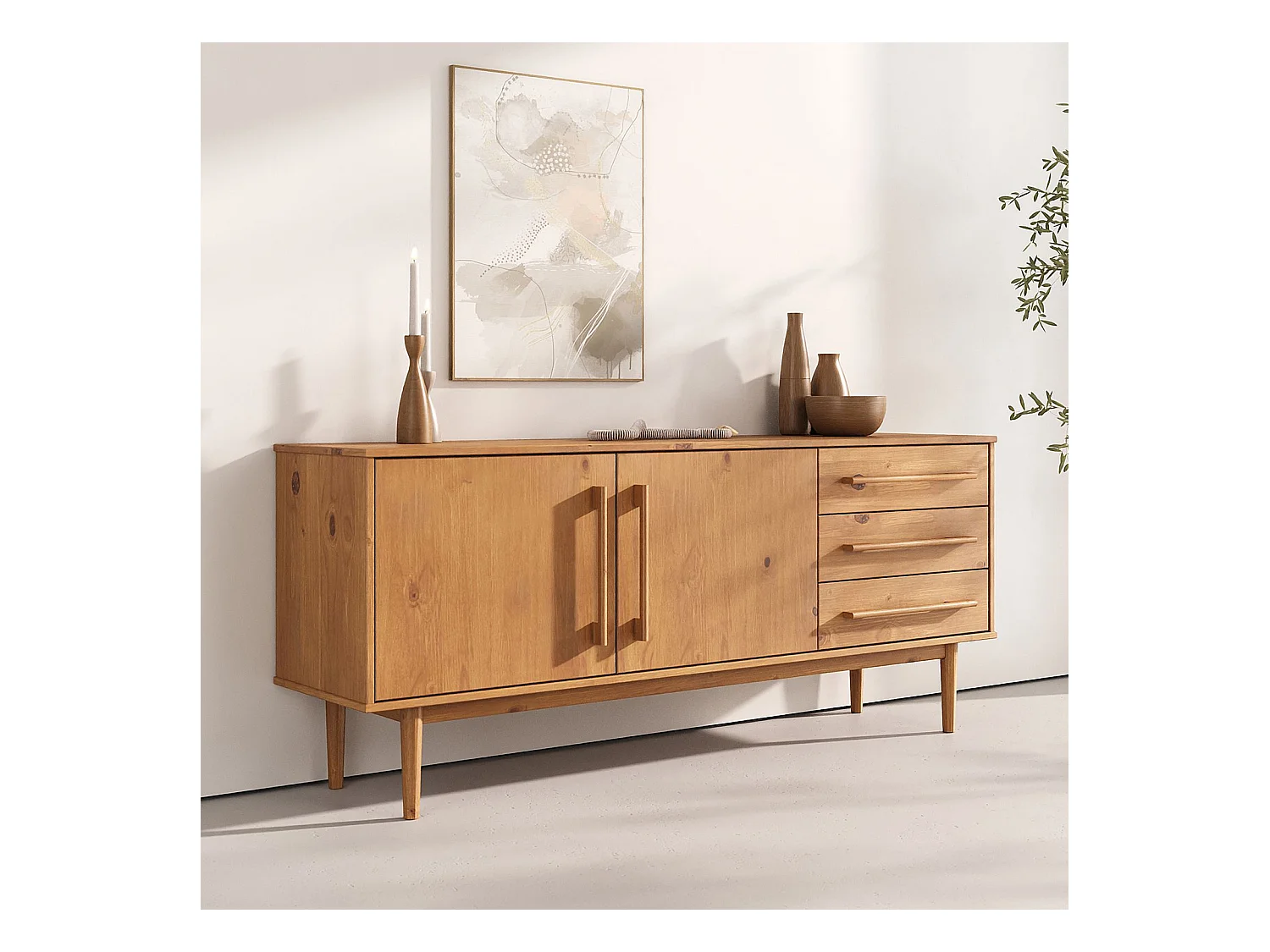 Buffet TECCA L 170 cm 2 Portes 3 Tiroirs en Bois Massif Coloris Chêne avec Étagères Réglables, Deux compartiments