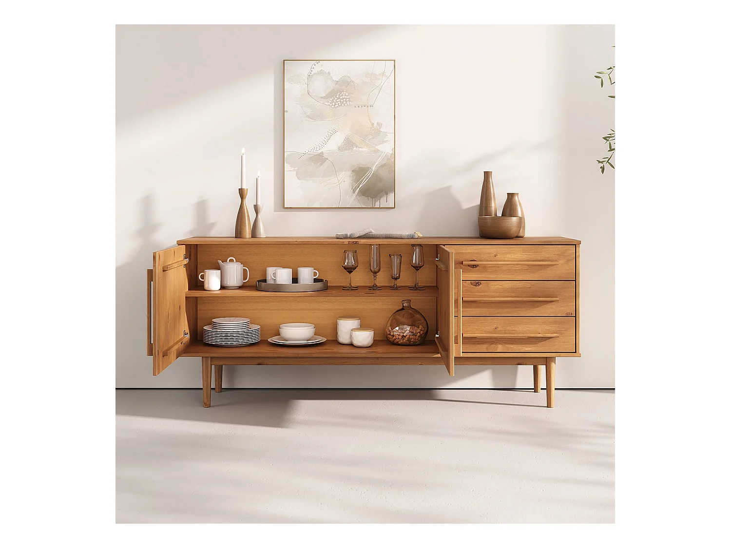 Buffet TECCA L 170 cm 2 Portes 3 Tiroirs en Bois Massif Coloris Chêne avec Étagères Réglables, Deux compartiments
