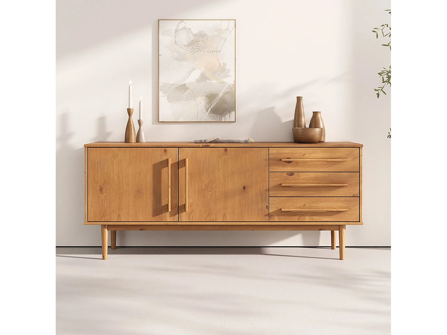 Buffet TECCA L 170 cm 2 Portes 3 Tiroirs en Bois Massif Coloris Chêne avec Étagères Réglables, Deux compartiments