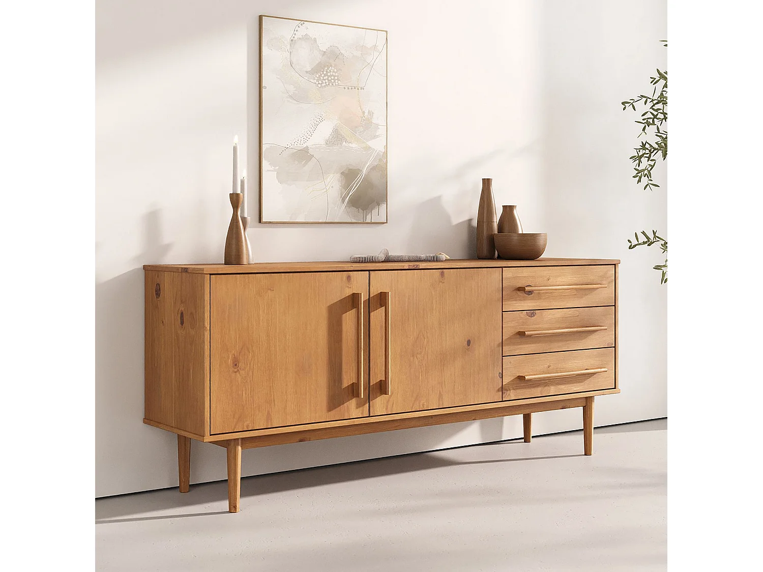 Buffet TECCA L 170 cm 2 Portes 3 Tiroirs en Bois Massif Coloris Chêne avec Étagères Réglables, Deux compartiments