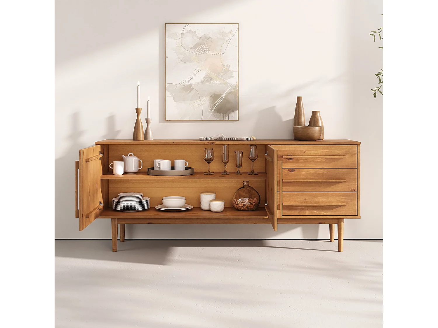 Buffet TECCA L 170 cm 2 Portes 3 Tiroirs en Bois Massif Coloris Chêne avec Étagères Réglables, Deux compartiments