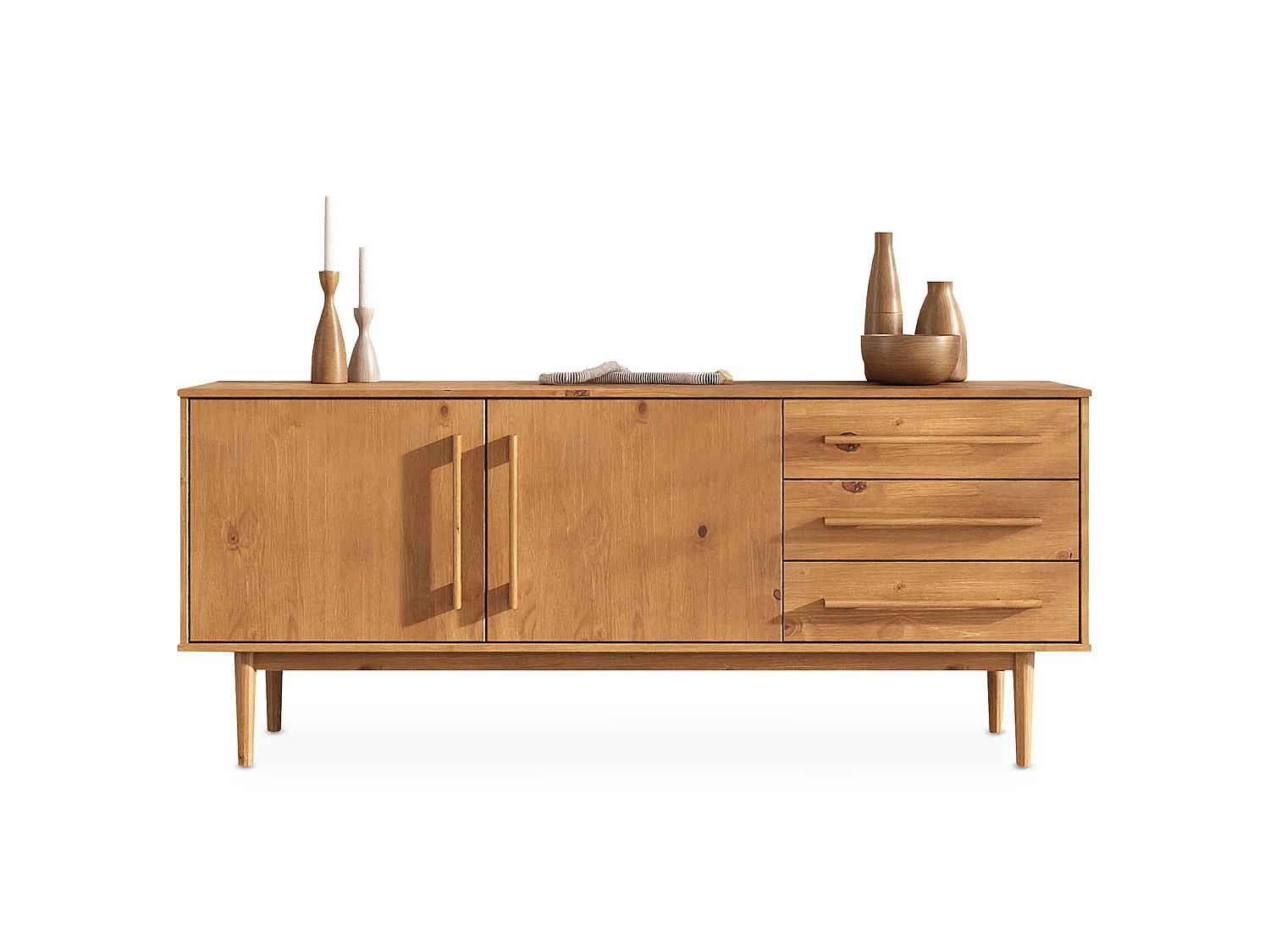 Buffet TECCA L 170 cm 2 Portes 3 Tiroirs en Bois Massif Coloris Chêne avec Étagères Réglables, Deux compartiments