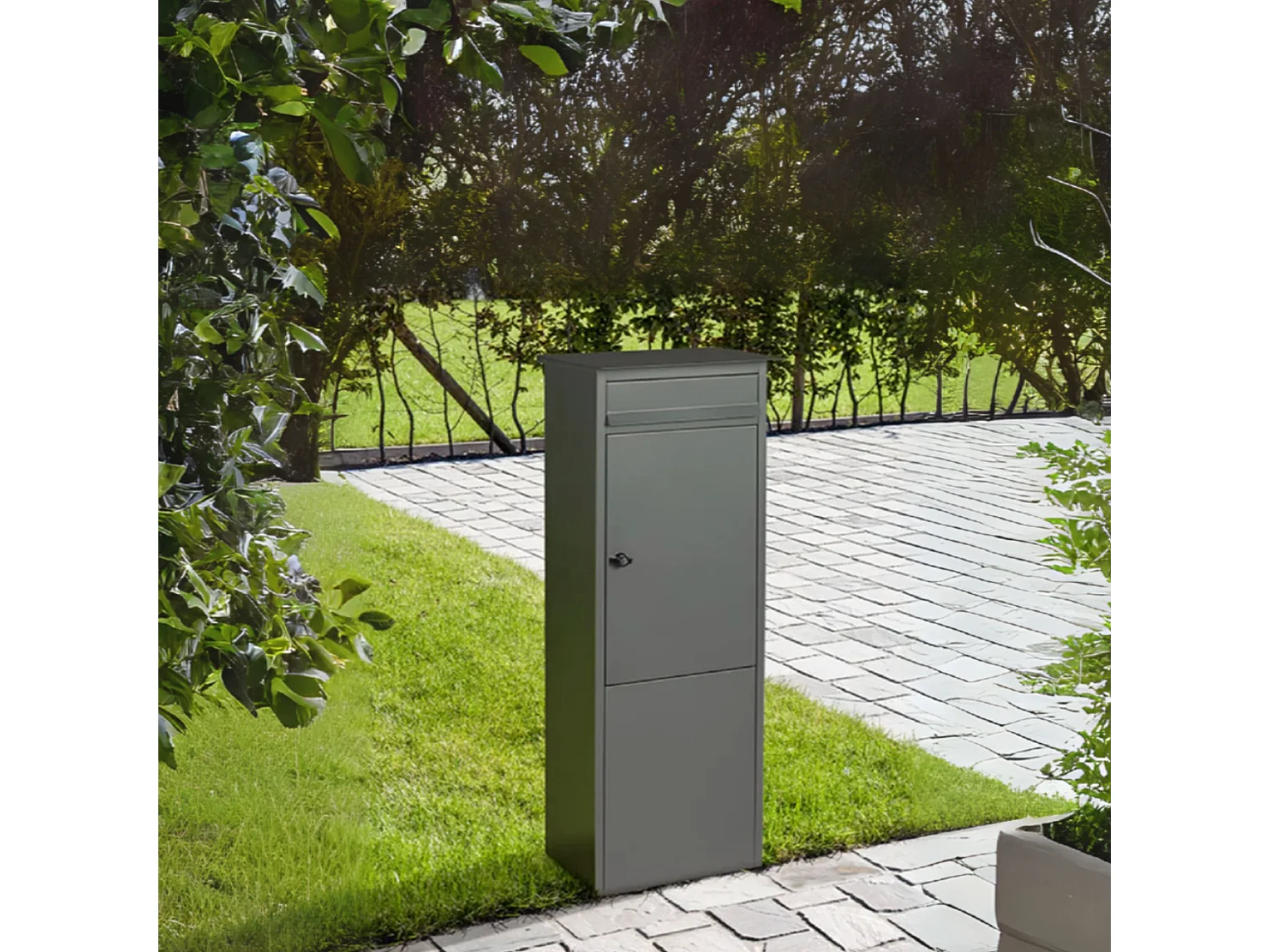 Boîte aux lettres colonne FRANKURT gris mat, grande ouverture A4, fixation au sol, serrure à clé