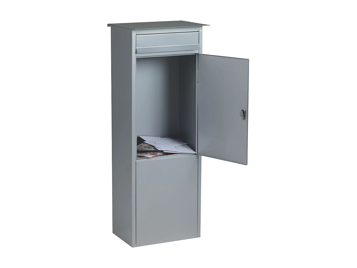 Boîte aux lettres colonne FRANKURT gris mat, grande ouverture A4, fixation au sol, serrure à clé