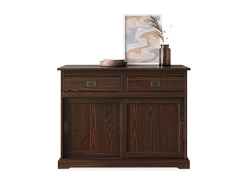 Buffet SAVONA bahut vaisselier commode avec 2 tiroirs et 2 portes coulissantes, en pin massif coloris noyer