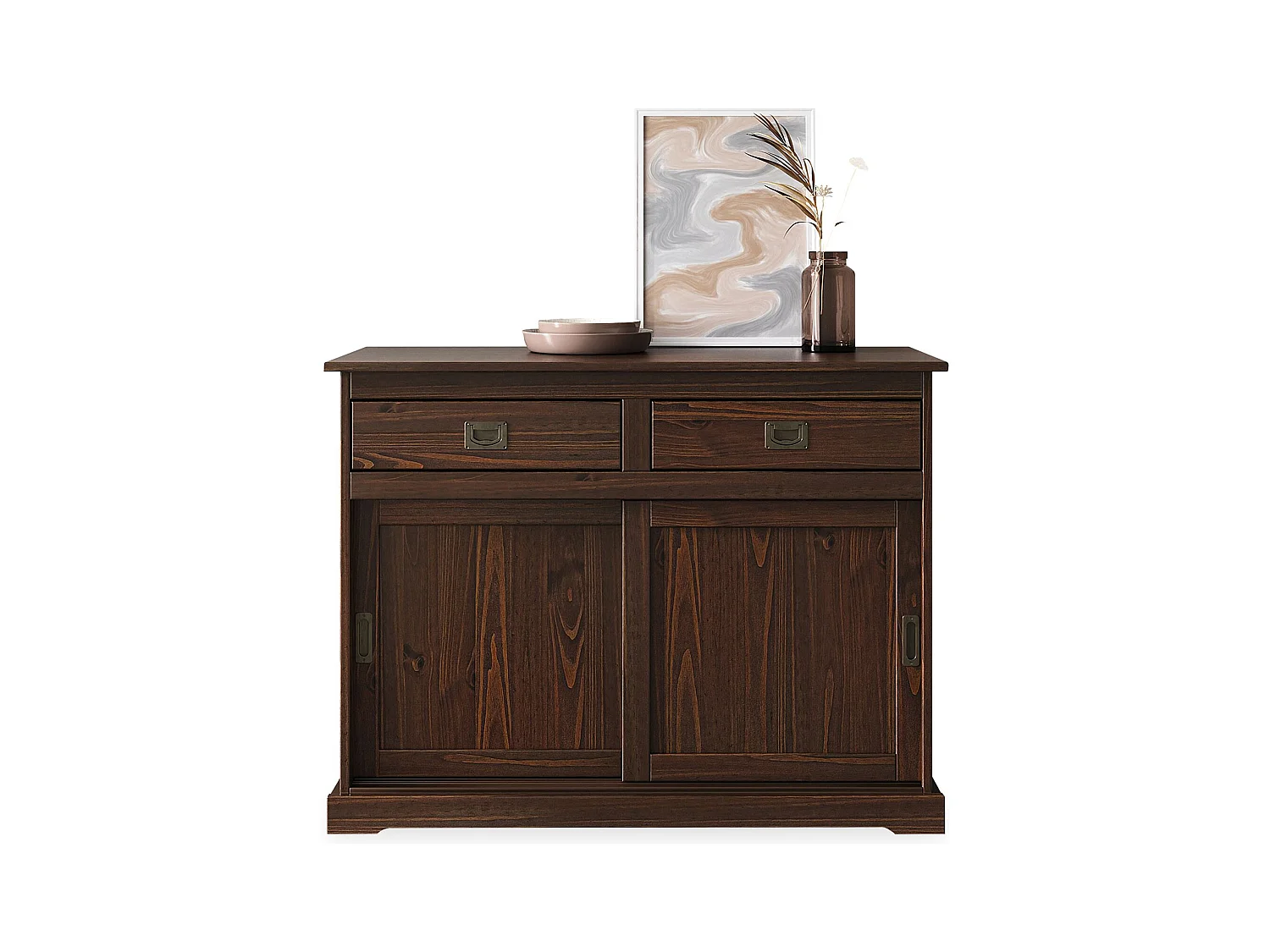 Buffet SAVONA bahut vaisselier commode avec 2 tiroirs et 2 portes coulissantes, en pin massif coloris noyer